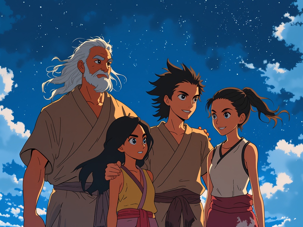 A touching family portrait of Hakoda, Kya, Sokka, and Katara under the starlit sky of the Southern Water Tribe, capturing familial bonds and love.