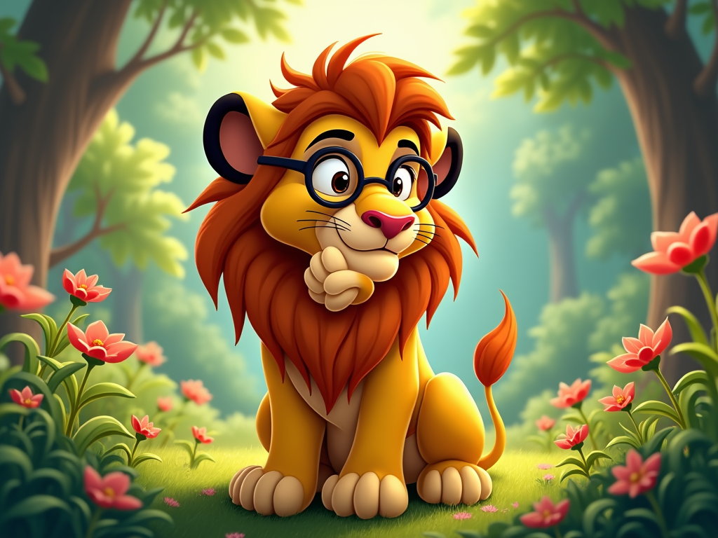 A cartoon lion with a thoughtful expression, perhaps stroking his chin, surrounded by nature, indicating a wise and contemplative nature.