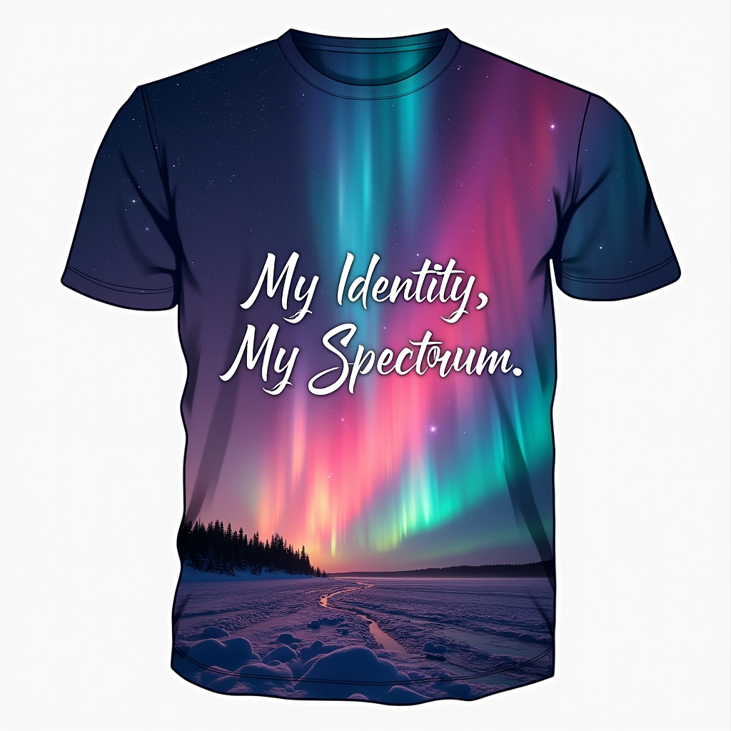 Aurora of Identity: A T-shirt design featuring an artistic representation of an aurora borealis or a nebula, using its vast array of shifting, blending colors to symbolize the expansive, beautiful, and natural diversity of the gender spectrum. Text: 'My Identity, My Spectrum.'