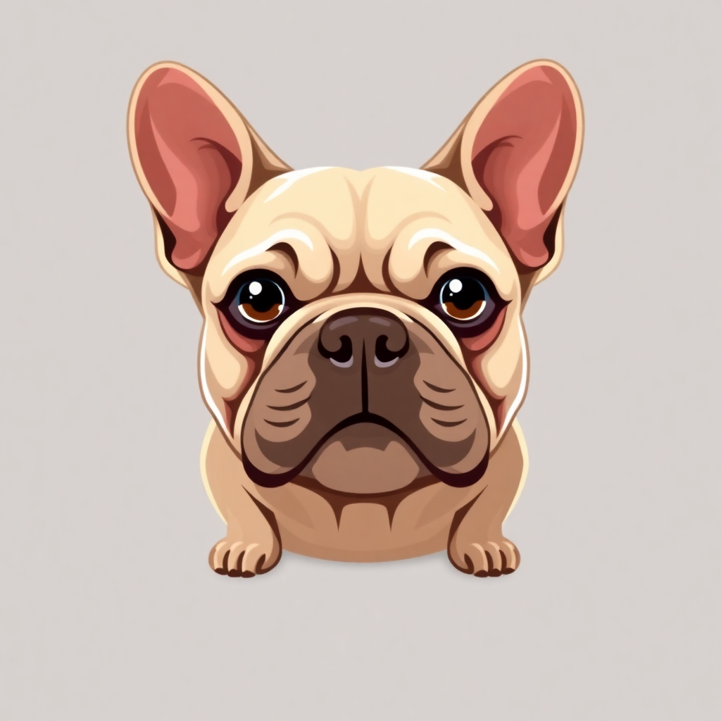 The image is a digital illustration of a French Bulldog. The dog is sitting on a light grey background and is facing the camera. It has a round face with big, round eyes and a small nose. Its ears are large and pointed, and its body is light brown in color. Its legs are short and stubby, and it appears to be looking directly at the viewer with a curious expression. The overall style of the illustration is cartoon-like and playful.