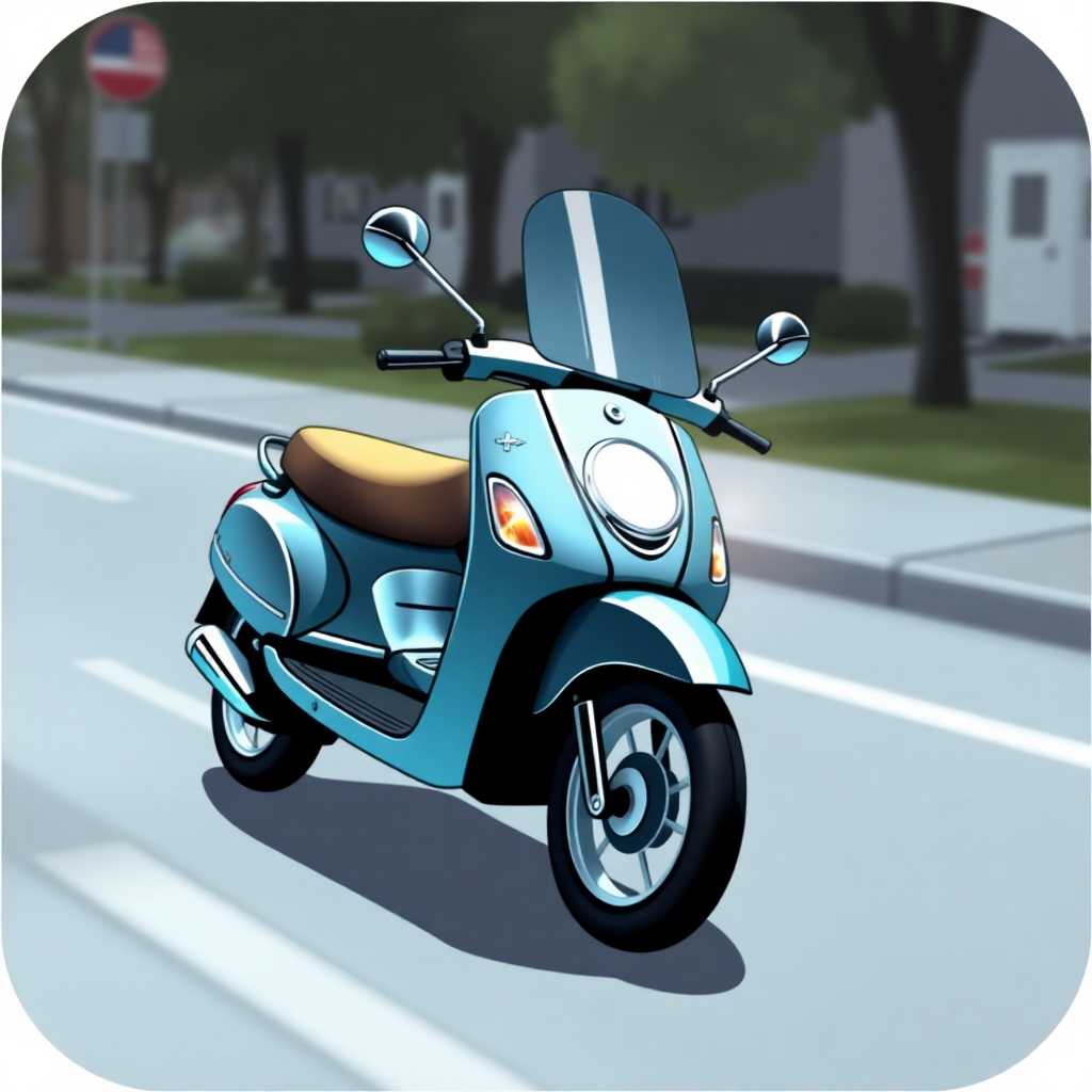 The image is a digital illustration of a blue scooter on a street. The scooter is in motion, with the front wheel slightly blurred. It has a round headlight and a brown seat. The handlebars are curved and there are two mirrors on either side of the handlebars. The motorcycle is parked on the side of a road, with a sidewalk and trees in the background. There is a red and white sign on the left side and a building on the right side. The overall color scheme of the image is blue and white.