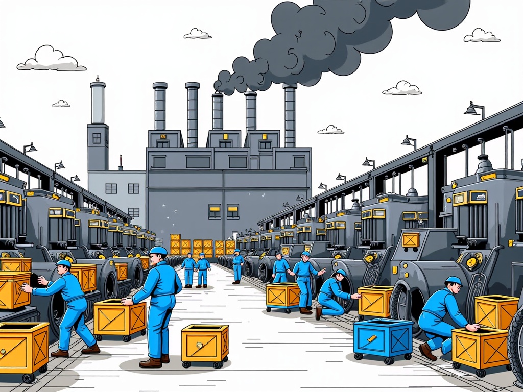  a large factory with multiple rows of large machines and workers. The machines are yellow and black in color and are arranged in neat rows. The workers are wearing blue uniforms and hard hats. They are carrying yellow boxes and appear to be working on the machines. In the background, there is a large smokestack with black smoke coming out of it. The sky is blue and there are clouds in the sky. The overall atmosphere of the image is industrial and busy.