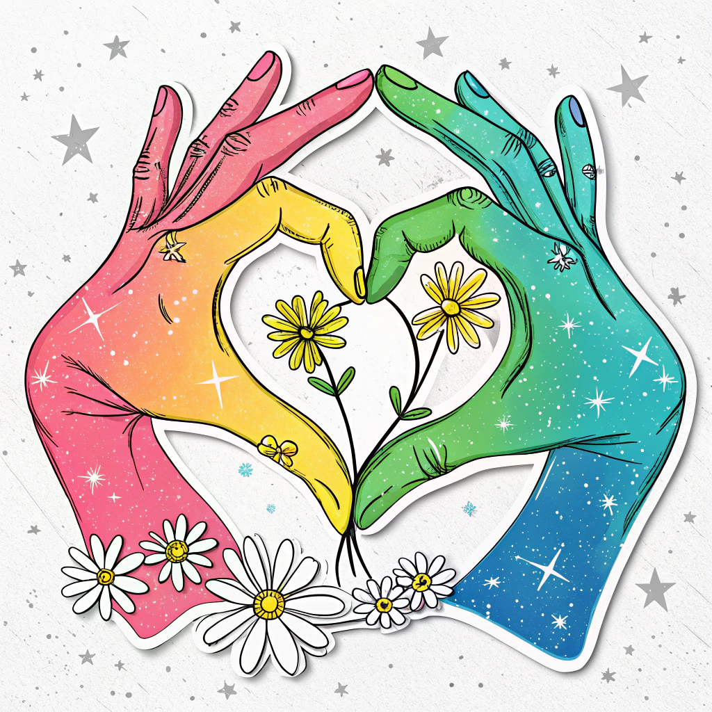 A pair of hands forming a heart shape, with each finger painted a different vibrant neon color (pink, yellow, green, blue) representing PLUR. Small, stylized daisies are blooming from the fingertips. The background could be a subtle dark pattern reminiscent of EDC's night sky.
