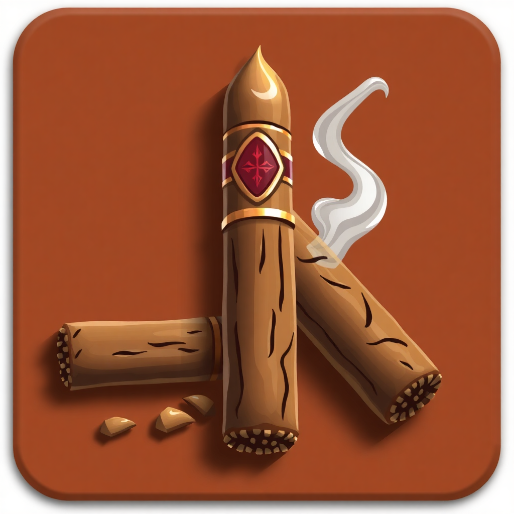 The image is a square icon with an orange background. In the center of the icon, there is a cigar with a red emblem on it. The cigar is in the shape of a rocket with a pointed tip and a pointed end. Next to the cigar, there are two cinnamon sticks with a white smoke coming out of them. The cinnamon sticks are arranged in a way that they are overlapping each other. There are also a few small pieces of cinnamon scattered around the cigar. The overall design is simple and cartoon-like.