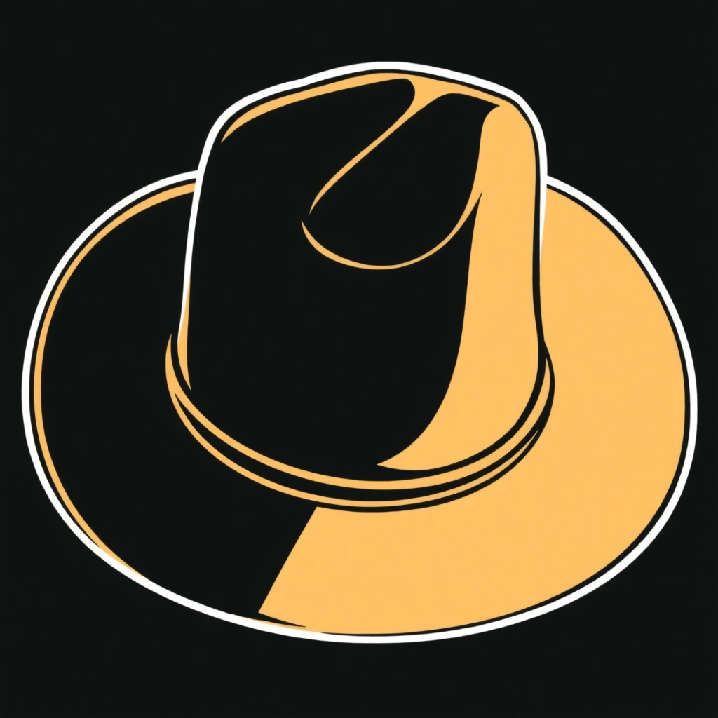 An outline of a western hat with a distinct 'worn' look, featuring uneven lines, subtle curves, and slight asymmetry to convey a sense of character and history.