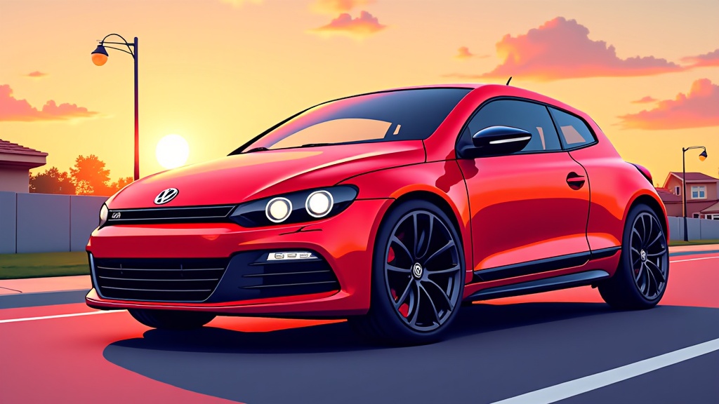 The image is a digital illustration of a red Volkswagen Golf GTI car on a road at sunset. The car is in motion, with the sun setting in the background, creating a beautiful orange and pink sky. The road is lined with houses and street lamps on both sides, and the car is positioned in the center of the image. The Volkswagen logo is prominently displayed on the front of the car, and it has a sleek and sporty design with a black grille and black alloy wheels. The overall color scheme of the illustration is vibrant and eye-catching, with shades of red, orange, and yellow.