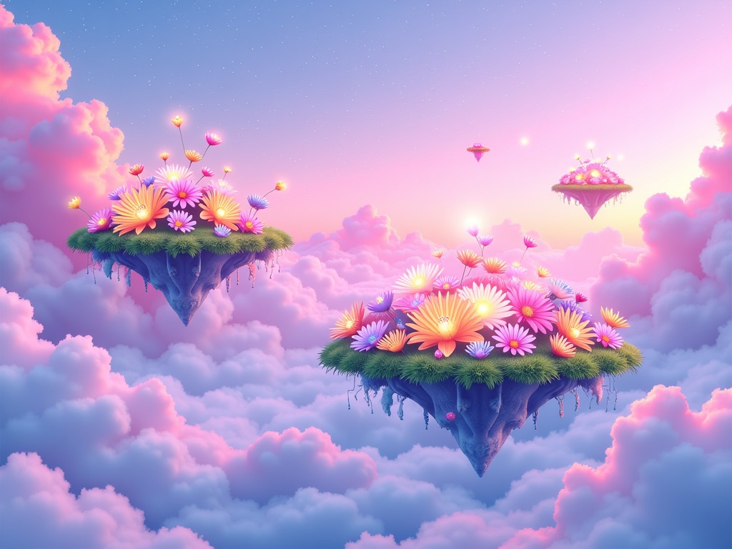 AI-generated floating islands with luminous flora against swirling pastel nebula skies, emphasizing delicate light and shadow play.