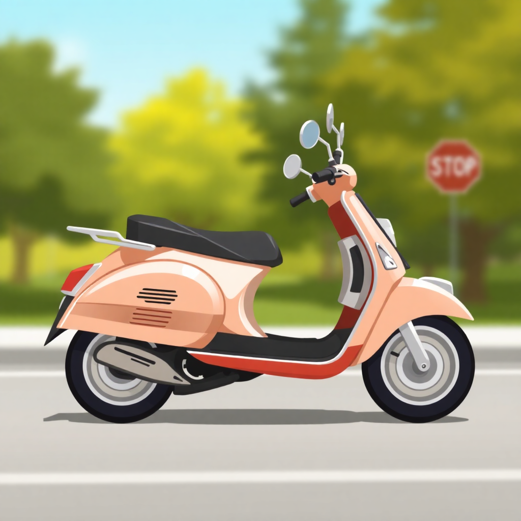 The image is a digital illustration of a scooter on a street. The scooter is orange in color and has a black seat and handlebars. It is parked on the side of the road with a stop sign in the background. The street is lined with trees and there is a blue sky above. The image is in a flat, cartoon-like style.