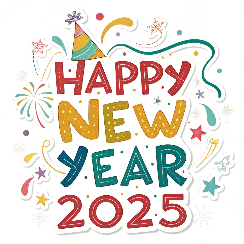 The image shows a poster with the words Happy New Year 2025 written in bold, colorful letters, surrounded by a festive design of a party hat, stars, and fireworks, creating a cheerful atmosphere to celebrate the start of a new year.