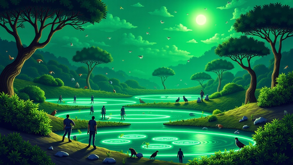 Create an illustration showing a harmonious blend of nature and technology, where advanced renewable energy solutions (e.g., bioluminescent energy sources, algae farms for biofuel) are integrated into thriving ecosystems, benefiting both wildlife and humanity.