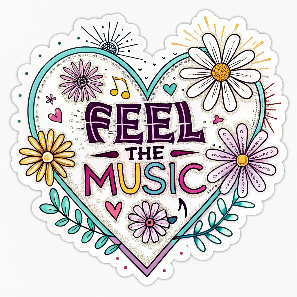 Geometric Anthem Core: A sticker design where a core festival phrase (like 'FEEL THE MUSIC') is artistically arranged to form the center of a geometric daisy or heart shape, with abstract neon light rays or patterns emanating outwards.