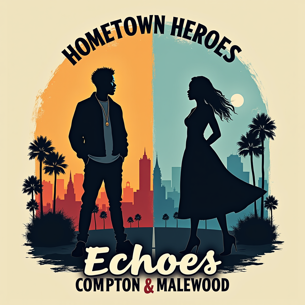 Dual Cityscape Silhouettes: A split T-shirt design. One side features Kendrick Lamar's silhouette against a stylized Compton skyline (e.g., identifiable landmarks, palm trees). The other side features SZA's silhouette against a stylized Maplewood skyline (e.g., distinct architecture, tree-lined streets). The phrase 'Echoes of Compton & Maplewood' could bridge the two images, with 'Hometown Heroes' as a prominent tagline below or above.
