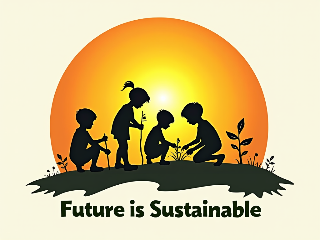 T-Shirt Design 4: A design showcasing silhouettes of children planting trees against a backdrop of a rising sun, symbolizing hope and action. The message 'Future is Sustainable' is placed prominently below the scene.