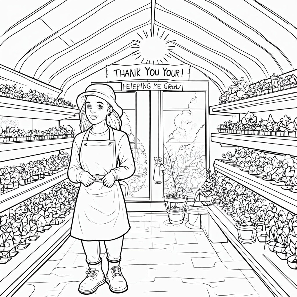 A greenhouse scene with rows of various seedlings and small plants on shelves. A friendly sun is shining through the glass panes. The teacher can be depicted as a nurturing gardener. 'Thank You for Helping Me Grow' can be written on a banner hung inside the greenhouse or on seed packets.