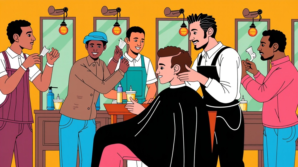  a barber shop with a young man sitting in a chair getting his hair cut. The barber is wearing a black apron and is holding a pair of scissors and a comb in his hands. There are six men standing around the barber, all of them are smiling and looking at the man in the chair. On the left side of the image, there is a young boy wearing a blue cap and a brown jacket, who is holding the scissors and comb. Next to him, there are two young men wearing aprons and aprons, who are also smiling and appear to be engaged in the process of cutting the man's hair. The background shows a counter with various barber tools and supplies. The overall style of the illustration is cartoon-like and colorful.