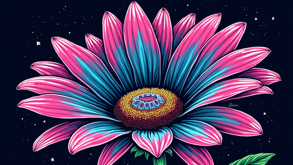 Psychedelic Swirl Daisy: A detailed neon daisy with petals that swirl and distort as if viewed through a psychedelic lens. Colors like electric magenta, cyan, and lime green bleed into each other against a dark, star-speckled background. Subtle 'EDC' lettering could be woven into the swirling patterns.