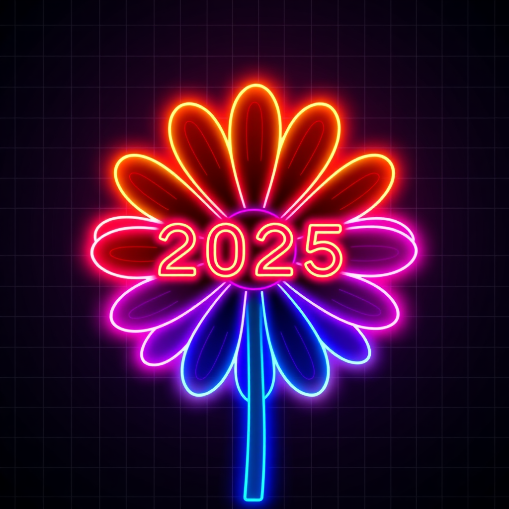 Neon Grid Daisy: A retro-futuristic daisy outlined by glowing neon lines on a subtle grid background, evoking digital energy. Each petal segment is a different vibrant spectrum color. The neon lines 'pulse' sequentially or in unison. '2025' stylized as bold neon lettering.