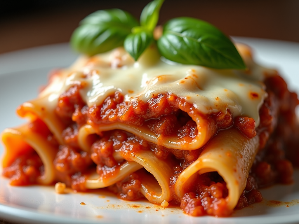 Macro shot of the luscious interior of baked ziti revealing layers of al dente pasta, rich beef sauce, and stringy mozzarella cheese garnished with fresh basil.