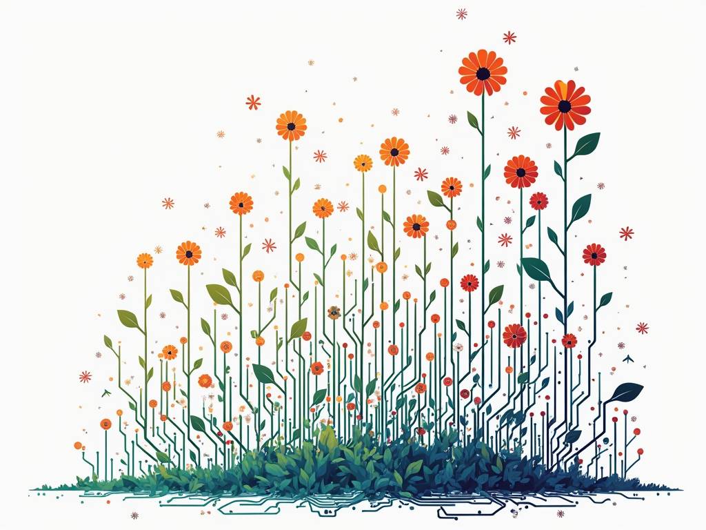 Circuit Vine Blossoms: Design featuring circuit board traces growing upwards like vines, with delicate flowers and leaves blooming from the nodes or along the pathways, representing growth and the flourishing of women in technology.