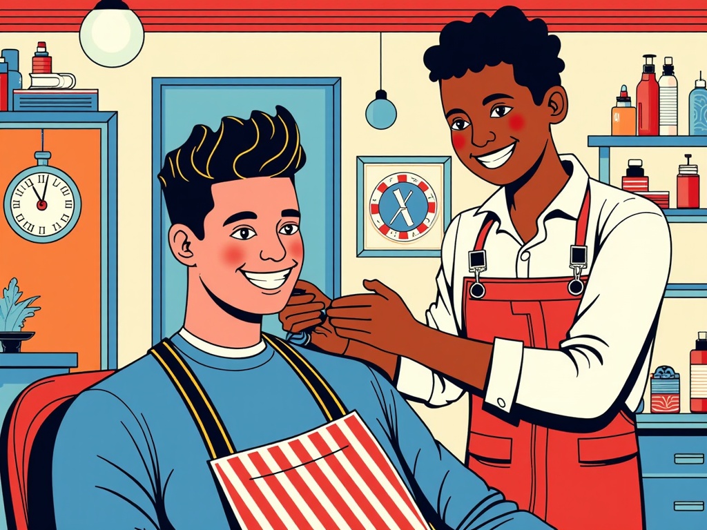 The image is an illustration of a barber shop. It shows a young man sitting in a chair with a smile on his face. He is wearing a blue shirt and a red apron with white stripes. The barber is standing behind him, wearing a white shirt and red overalls. He has short black hair and is holding a pair of scissors in his hand. The background of the image shows shelves with various hair products and a clock on the wall. The overall style of the illustration is cartoon-like.