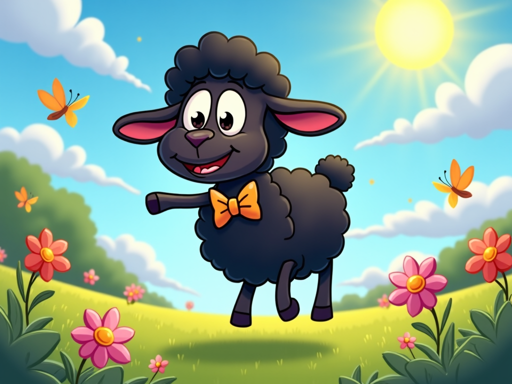 The image shows a cartoon black sheep with a bow tie standing in a field of flowers, surrounded by lush green grass and trees, with a bright blue sky and fluffy white clouds in the background.