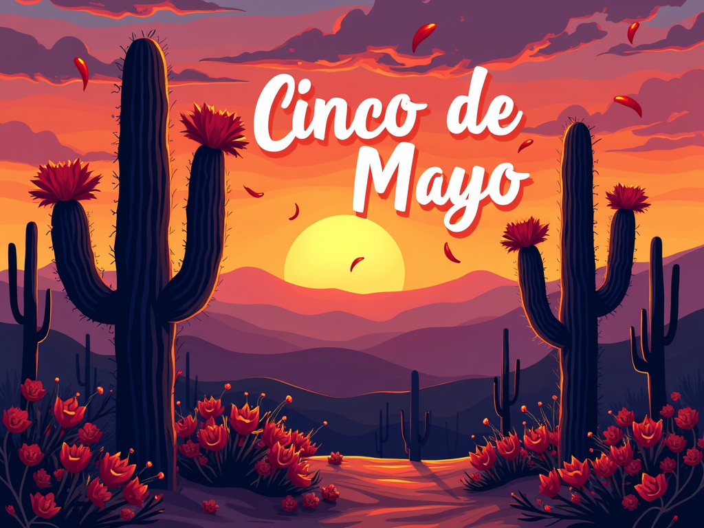 Sub-design 2: 'Desert Sunset Celebration' - A T-shirt design showcasing a stylized desert landscape at sunset with silhouettes of blooming cacti in the foreground. Chili pepper patterns could be integrated into the scene or as a border, with 'Cinco de Mayo' text in a festive font.