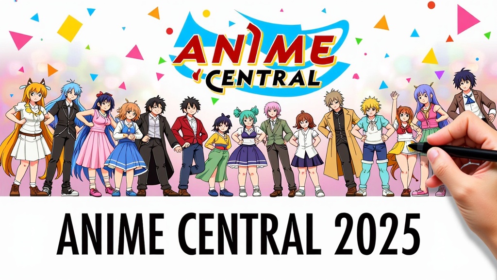 An illustration of an 'artist's journey' where a hand is seen drawing or digitally sculpting, and from the pen/stylus, various anime characters in different styles emerge, forming a parade or gathering under the 'Anime Central 2025' logo, emphasizing the creative diversity.