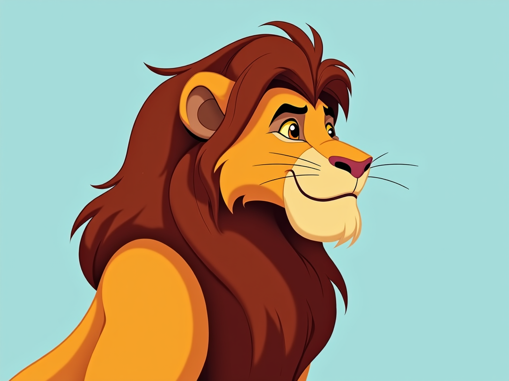 A side profile of a lion with a majestic mane, stylized in a cartoonish way, resembling Mufasa, with a wise and gentle expression.