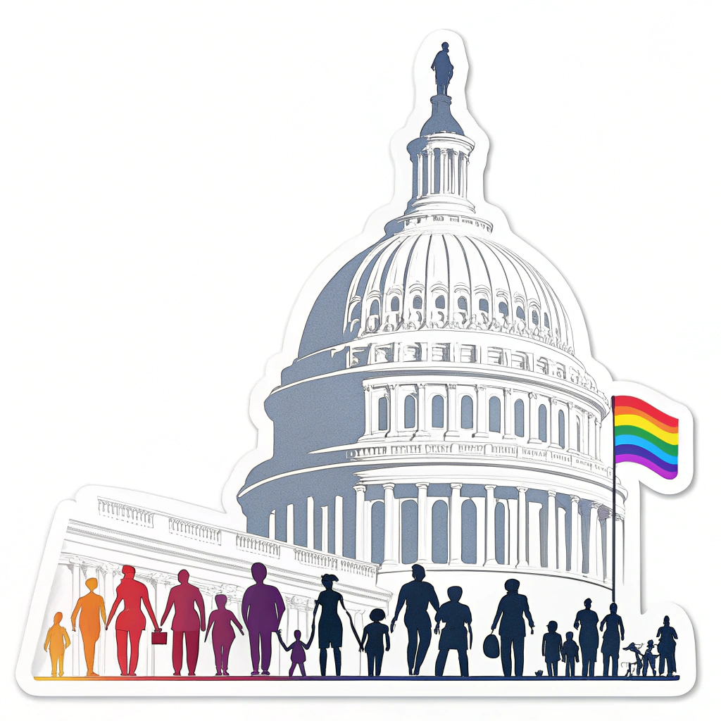 Simple Icon Idea: A minimalist icon featuring the silhouette of the U.S. Capitol Dome with a small cluster of diverse human silhouettes at its base, alongside a subtle progressive pride flag element incorporated into the design.