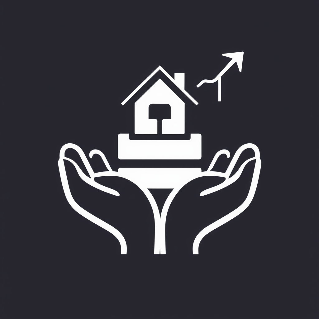 Interlocking geometric shapes (like building blocks or supportive hands) forming a sturdy foundational structure, with a clearly defined house icon nestled securely on top, accompanied by subtle upward sweeping lines to suggest upward momentum.