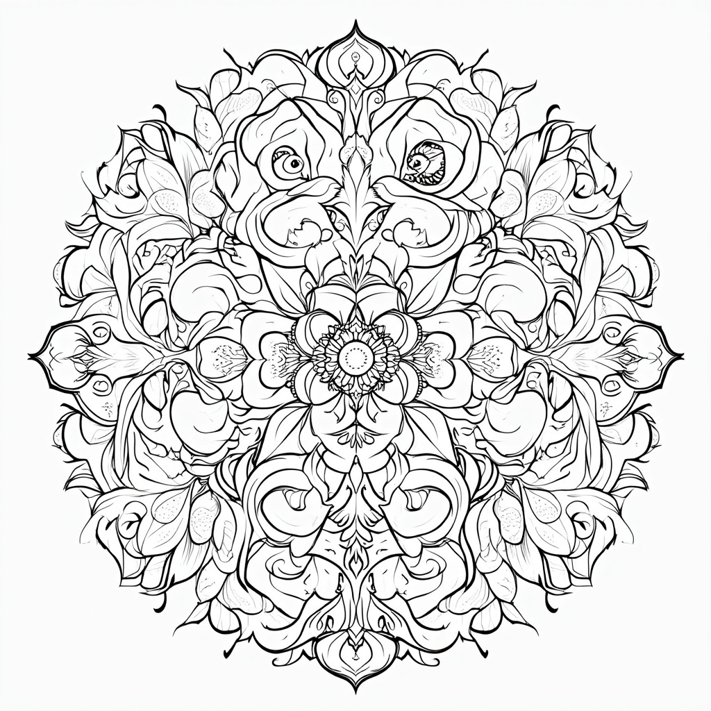 A pattern-based coloring page featuring an intricate mandala made of various rose blooms, buds, and leaves, symbolizing the diversity of roses in the garden.