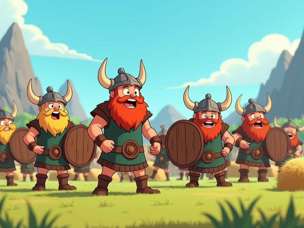 A group of young, diverse Vikings in training gear, some succeeding and others comically failing at various exercises.