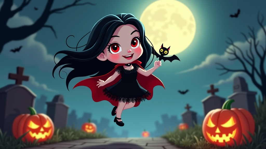 The image is a digital illustration of a cute little girl dressed up as a vampire for Halloween. She is wearing a black dress with a red cape and a black cat perched on her shoulder. The girl has long dark hair and is flying through the air with a big smile on her face. In the background, there is a graveyard with tombstones and a full moon. There are also several jack-o-lanterns scattered around the graveyard. The overall mood of the image is spooky and festive.