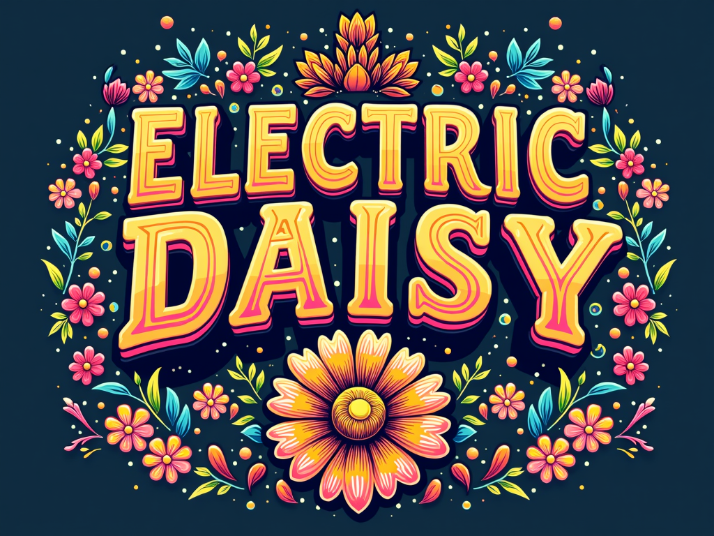 Retro Trip Daisy Logo: A logo-centric design featuring 'Electric Daisy Carnival' and 'Psychedelic Daisy Trip' in a bold, groovy 70s-inspired psychedelic font. The text itself is filled with daisy motifs or psychedelic patterns, accompanied by a stylized retro daisy emblem.