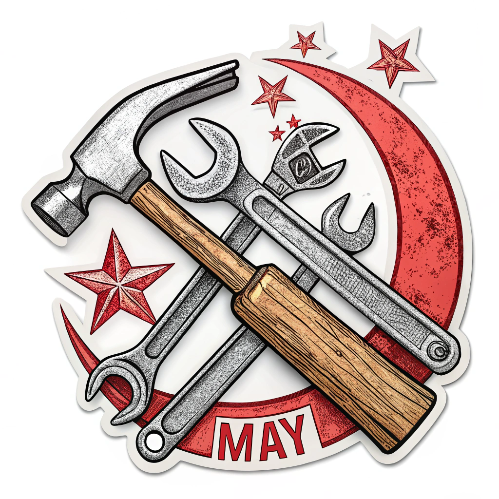 User's text (already in English): May Day Protest Stickers - Tools of the Trade (Hammer, Wrench, Sickle) May Day Sticker