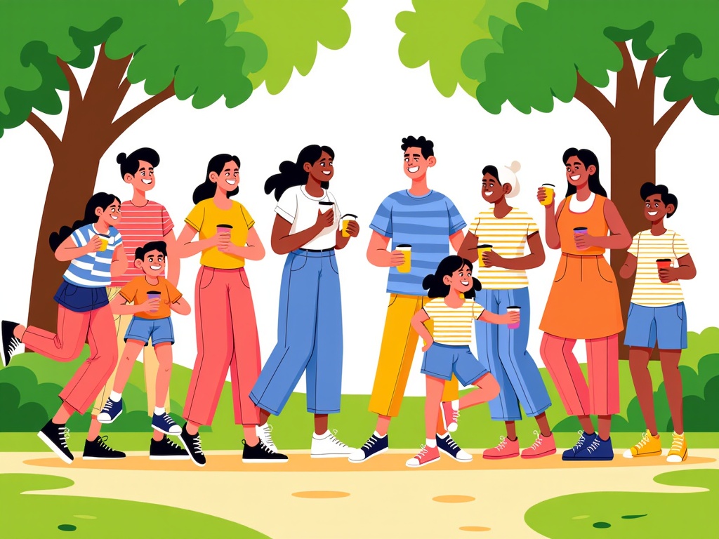  a group of people standing in a park or garden. There are nine people in total, all of them are smiling and holding cups of coffee or tea. They are standing in front of two large trees with green leaves, and there is a path leading away from them. The people are of different ages, genders, and ethnicities, and they are all wearing casual clothes. Some of them have long hair, while others have short hair. The background is a light blue sky with white clouds. The overall mood of the image is cheerful and relaxed.