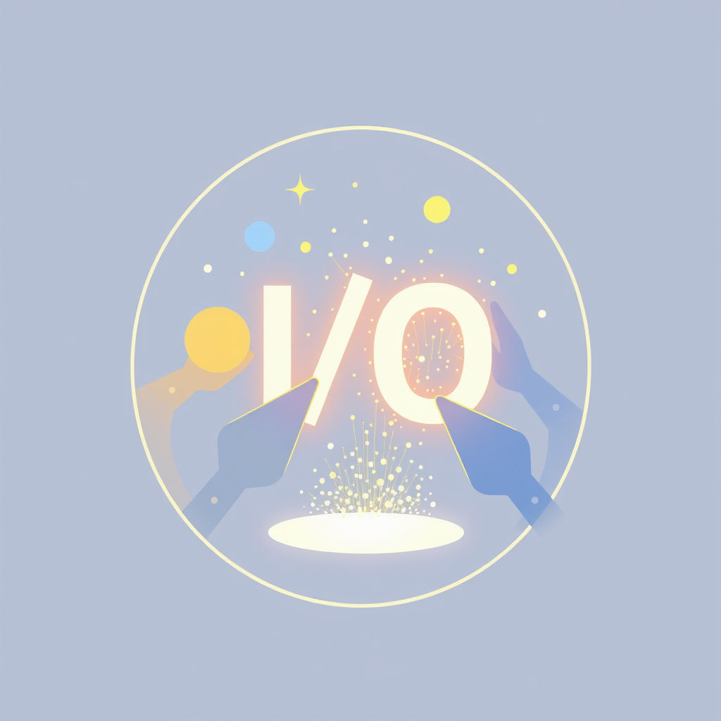 Google I/O 2025 Icon Designs - Iconography for Immersive Experiences: AR/VR at I/O 2025. Sub-design Idea 4: An icon focusing on collaborative creation in immersive spaces. Stylized abstract figures or cursors interacting with a central, luminous 'I/O' construct, built from light or particulate matter.