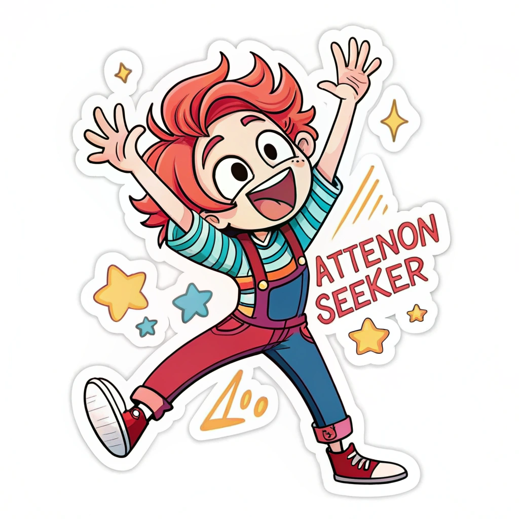 The image shows a cartoon sticker of a young boy with red hair and a blue shirt, surrounded by stars and the words 