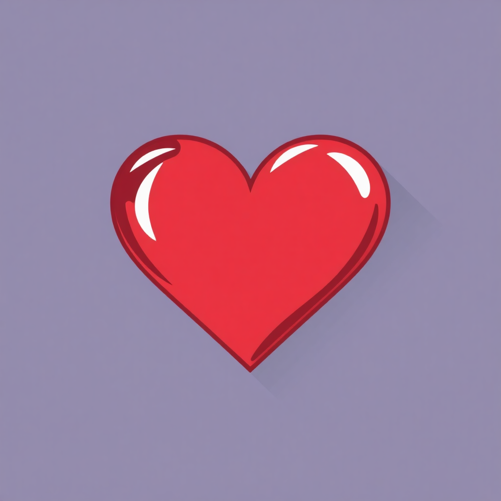 The image shows a red heart with a long shadow on a purple background, creating a vivid contrast between the two colors. The heart is in the center of the image, with the purple background providing a subtle backdrop.