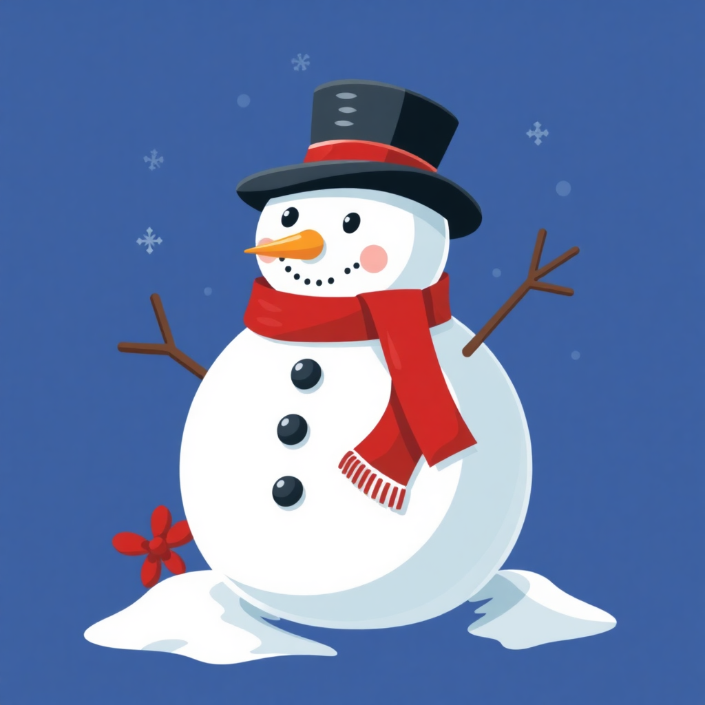 The image shows a snowman wearing a top hat and scarf, standing in the snow with a blue background.