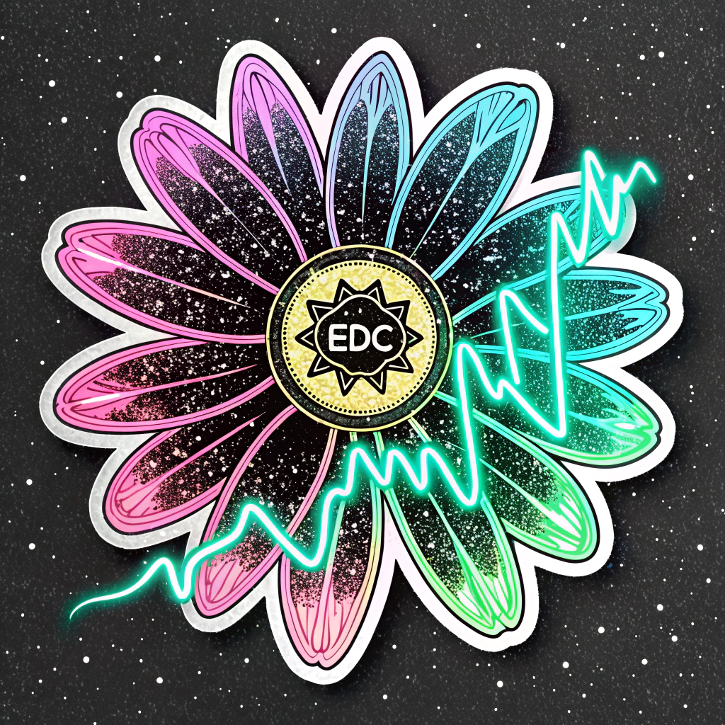 A stylized daisy where the petals are formed from vibrant, glowing soundwave patterns. The center could be a subtle 'EDC' logo. Colors would be neon pink, electric blue, and fluorescent green on a dark, starry background.