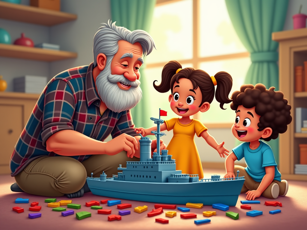 A playful cartoon of a veteran and children building a toy model of a battleship. The veteran, adeptly assembling pieces, instructs the young ones who eagerly place parts together. A colorful toolbox is strewn with pieces, and teamwork fills the air with joy and concentration.