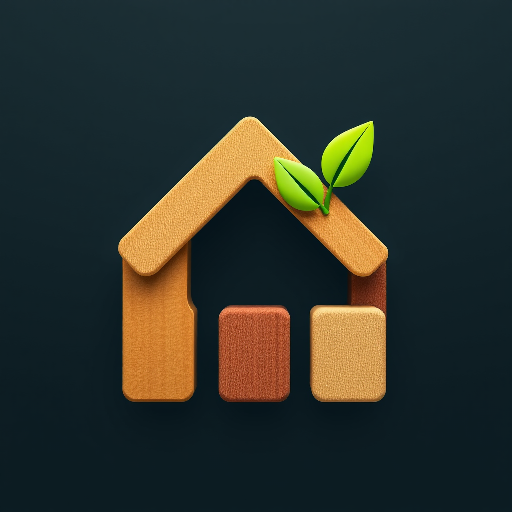 Abstract building blocks forming a home, with one block subtly shaped like a leaf or featuring a tiny sprout. This represents sustainable materials and economical construction.