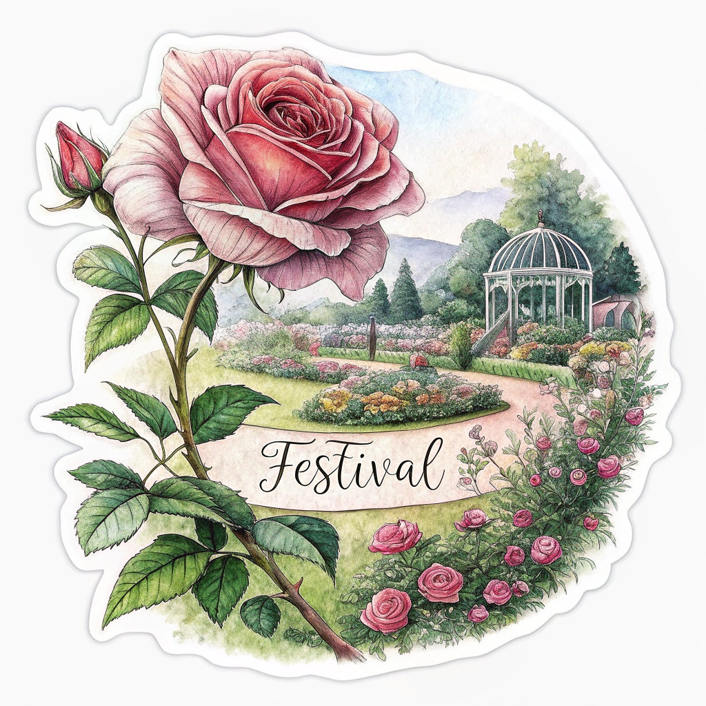 Watercolor sticker featuring a detailed rose close-up with a soft-focus iconic garden vista and delicate festival text.