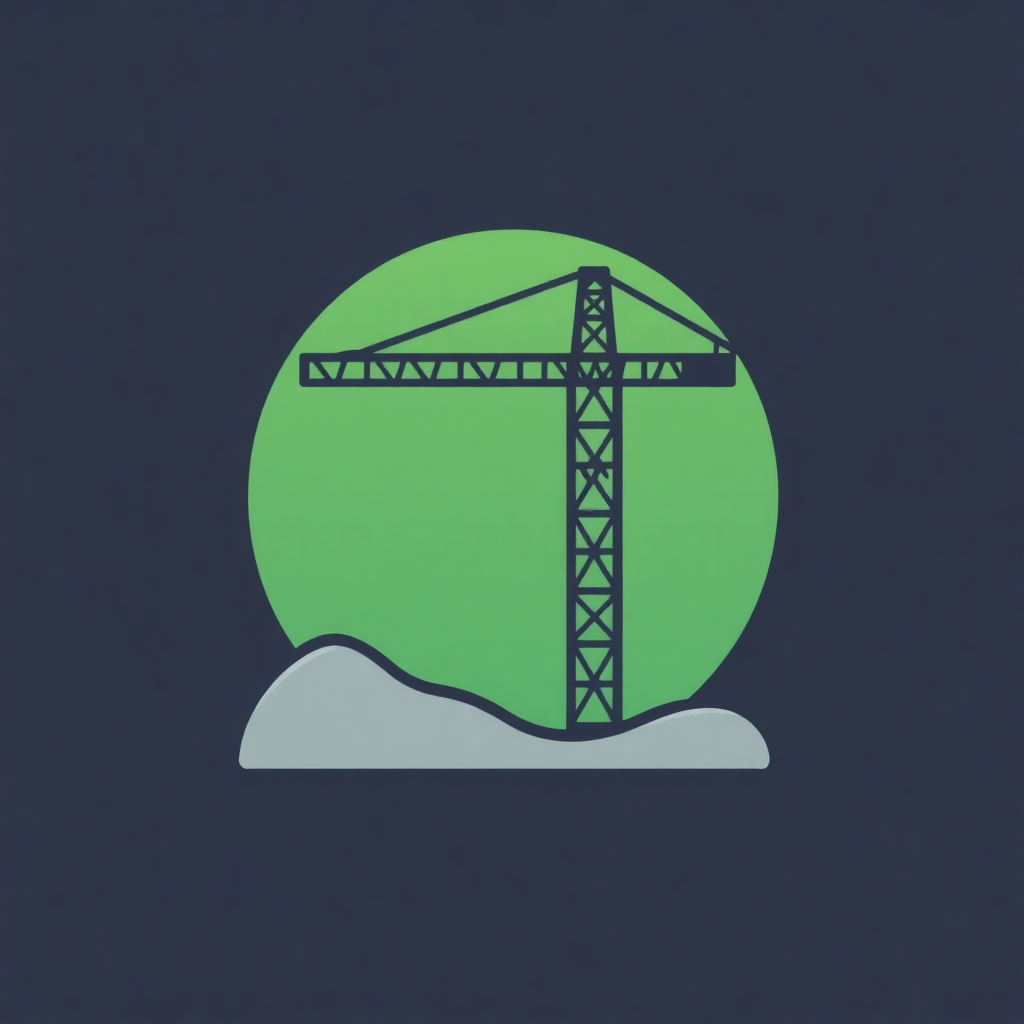 The image is a graphic design of a construction crane. The crane is in the center of the image, with a green circle surrounding it. The circle is slightly tilted to the left, and the crane is outlined in black. The background is a dark blue color, and there is a small white hill at the bottom of the circle. The overall design is simple and minimalistic.