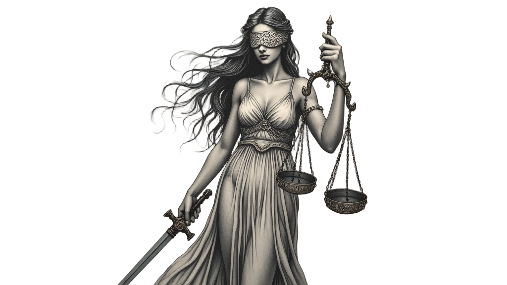 A Lady Justice tattoo with an avant-garde twist, showing abstract swirls as part of the blindfold and sword hilt.