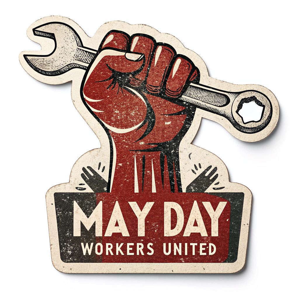 Design 1: A raised fist, rendered in a bold, woodcut style, clutching a wrench or hammer. Incorporate distressed textures and a limited color palette (e.g., red, black, off-white). Text: 'May Day - Workers United'.