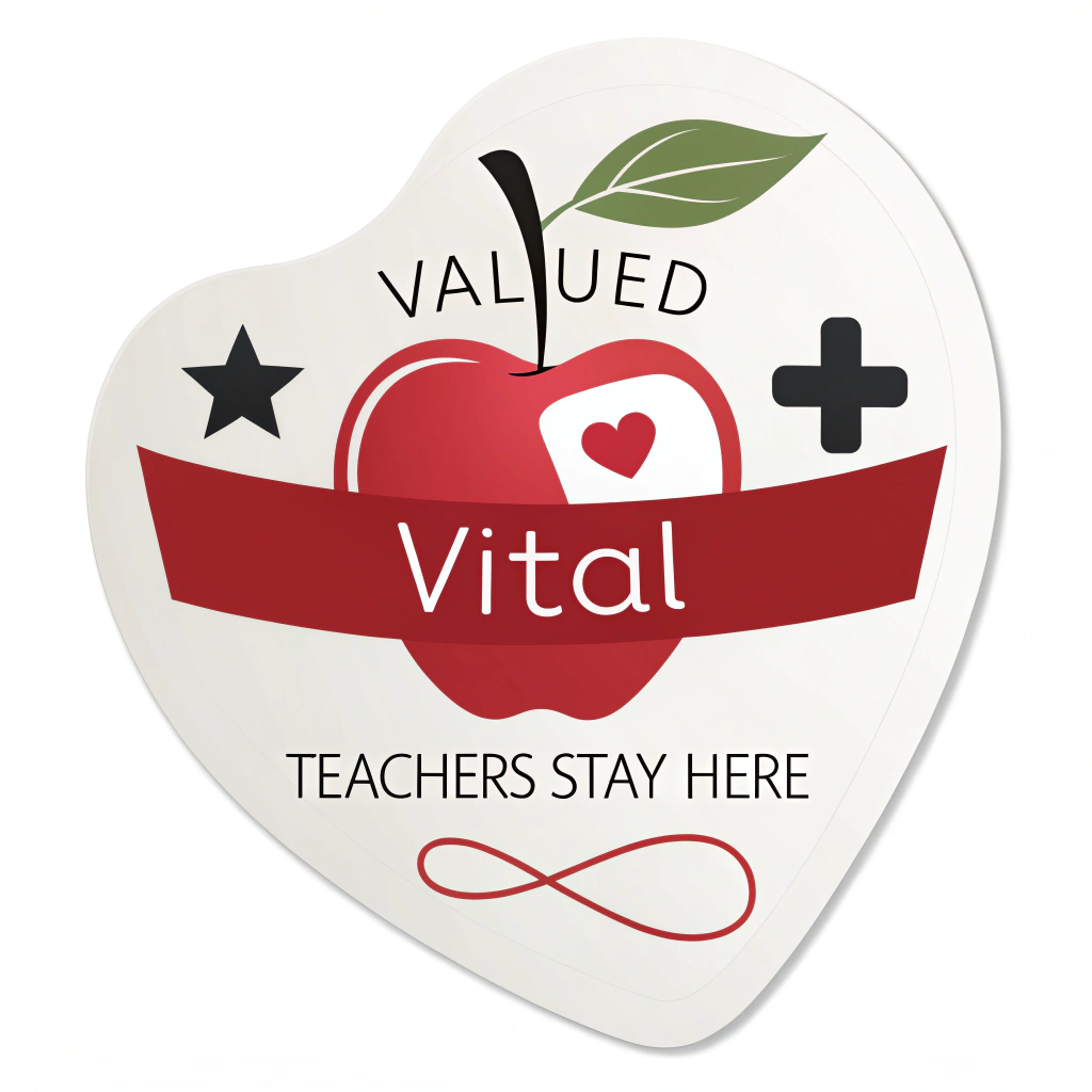 Simple Icon Idea: An apple icon combined with a plus sign (+) symbol, visually representing 'Valued' and 'Vital.' The phrase 'Teachers Stay Here' in small, clean text below.