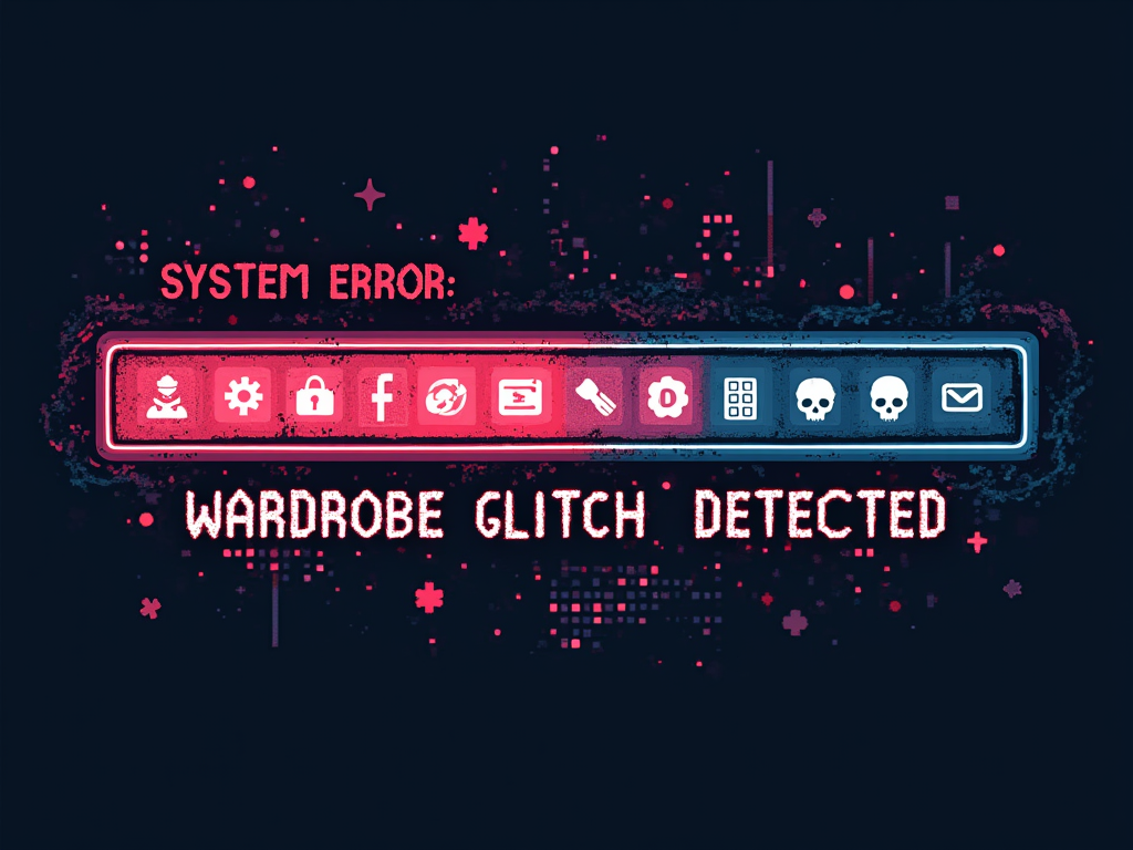 A design featuring a 'Loading Style...' progress bar that is visibly stuck or displaying error symbols (e.g., pixelated skulls, corrupt data blocks) with the text 'System Error: Wardrobe Glitch Detected'.