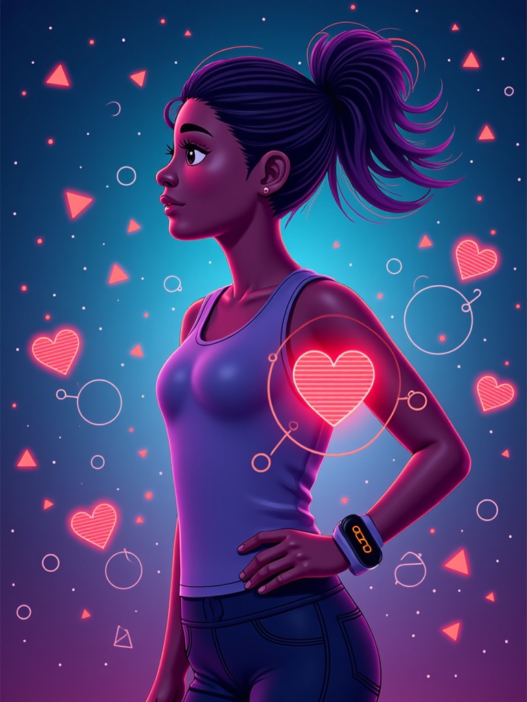 A person wearing a sleek, unobtrusive wearable device, surrounded by a softly glowing aura of interconnected health data points and vital signs, with subtle AI intelligence patterns woven within.